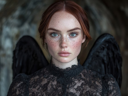 Captivating portrait of a young woman with striking featuresの素材