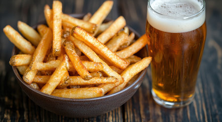 Crispy french fries and a cold beer on a wooden tableの素材