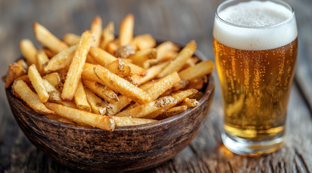 Crispy french fries and frothy beer in wooden bowlの素材