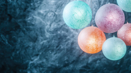 Colorful hanging lanterns in a misty atmosphereの素材