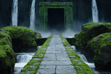 Mystical waterfall landscape with stone archwayの素材