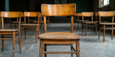 Vintage wooden chairs in an empty classroomの素材