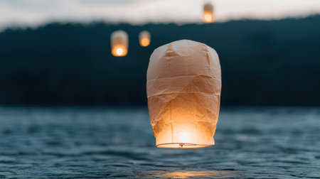 Illuminated paper lantern floating on a lake at sunsetの素材