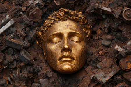Weathered golden face sculpture surrounded by industrial debrisの素材