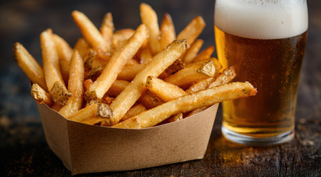 Crispy golden french fries and a refreshing beerの素材