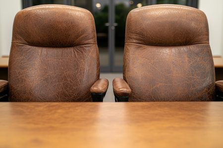 Pair of worn leather armchairs in a modern office settingの素材
