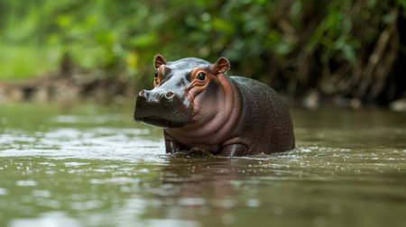Curious hippopotamus in a lush green riverの素材