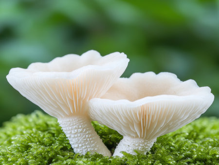 Delicate white mushrooms growing in the mossの素材
