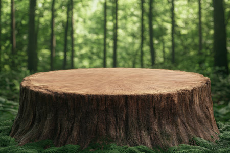 Rustic wooden stump in lush green forestの素材
