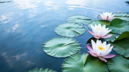 Serene water lily pond with tranquil reflectionの素材