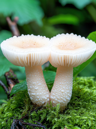 Pair of white mushrooms growing on moss-covered groundの素材