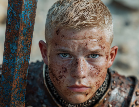 Intense gaze of a battle-worn warriorの素材