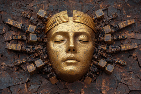 Ornate golden mask on cracked surfaceの素材