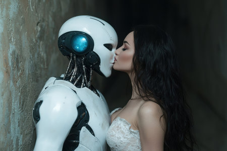 Intimate moment between woman and robotの素材