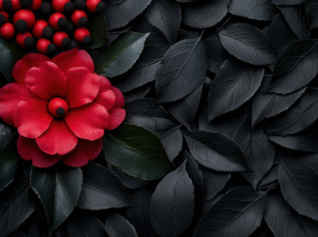 vibrant red flower blooming against dark leavesの素材