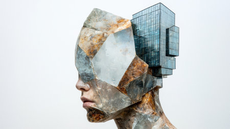 abstract sculpture with glass building in backgroundの素材