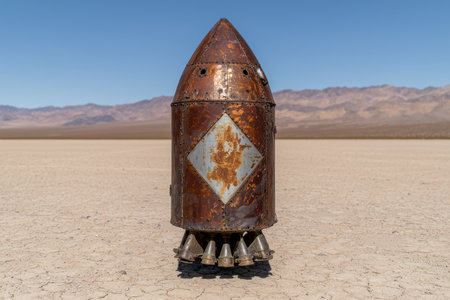 Rusty rocket-shaped art installation in desert landscapeの素材