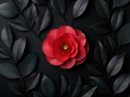 Vibrant red rose against dark leavesの素材
