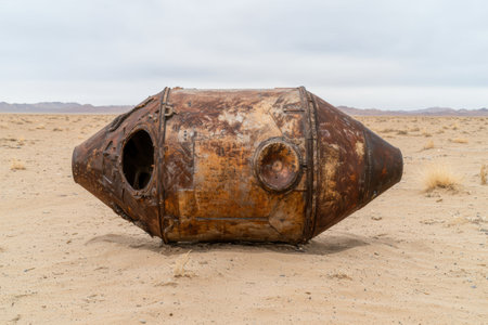 Abandoned and rusted metal capsule in desert landscapeの素材