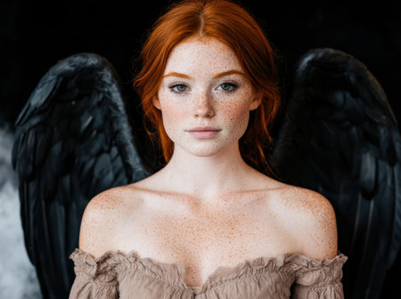 Redheaded woman with freckles and black wingsの素材