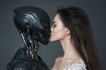 futuristic robot and woman in intimate embraceの素材