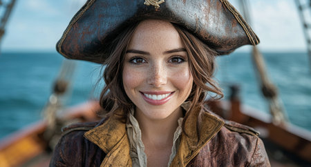 Smiling pirate woman on shipの素材
