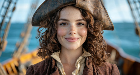 Smiling woman in pirate costume on shipの素材