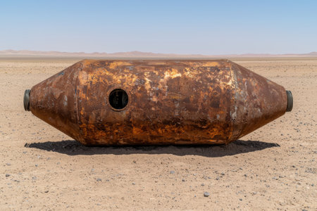 Rusted metal container in desert landscapeの素材