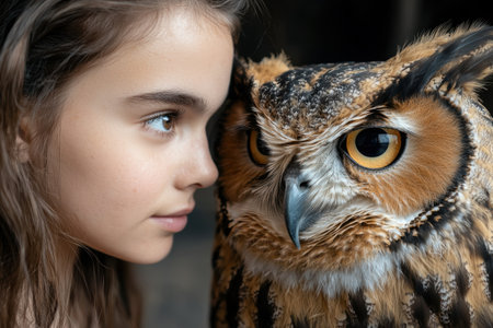 close-up portrait of a young woman with an owlの素材