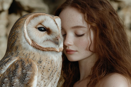 Peaceful connection between woman and owlの素材