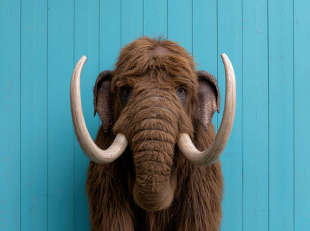 Woolly Mammoth Statue Against Turquoise Wooden Backgroundの素材