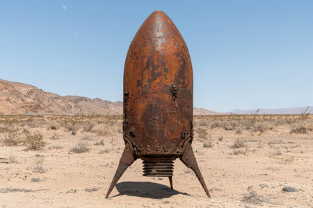 Rusty vintage rocket in desert landscapeの素材