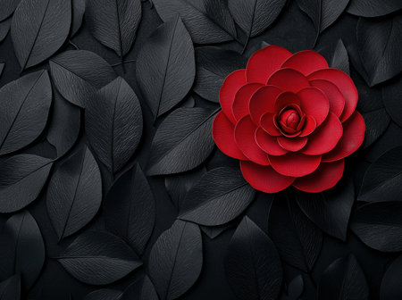 striking red rose against dark leavesの素材