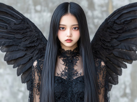 Mysterious dark angel with long black hairの素材