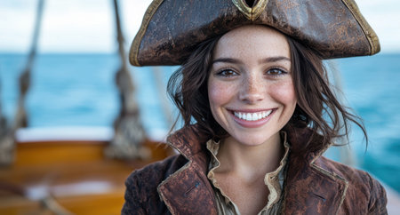 smiling pirate woman on ship at seaの素材