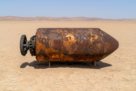 Rusted metal canister in desert landscapeの素材