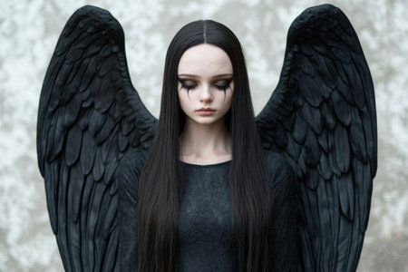 Mysterious dark angel with long black hair and wingsの素材
