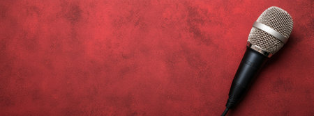 Microphone on red grunge backgroundの素材