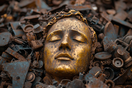 Weathered golden mask surrounded by rusty metal partsの素材