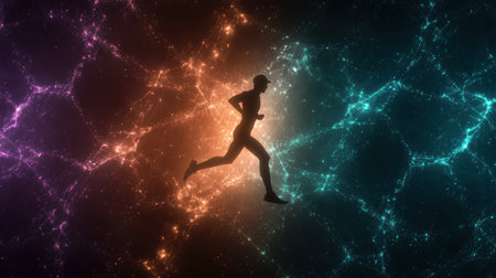 Silhouette of a runner against a cosmic backgroundの素材