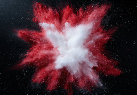 Vibrant red powder explosion against black backgroundの素材