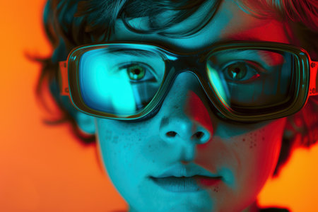 close-up portrait of a person with colorful lightingの素材