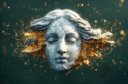 Mystical stone face with golden sparklesの素材