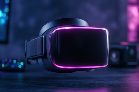 Futuristic virtual reality headset with glowing purple lightsの素材