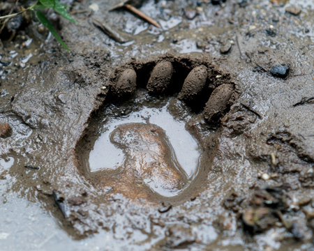 Muddy animal footprint in puddleの素材