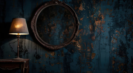 Vintage mirror and lamp in dark moody interiorの素材
