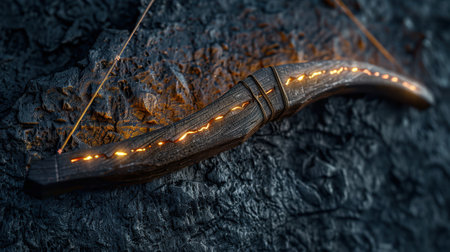 Glowing medieval sword on dark backgroundの素材