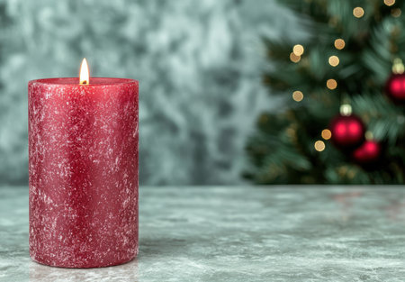 Glowing red candle with christmas tree in backgroundの素材