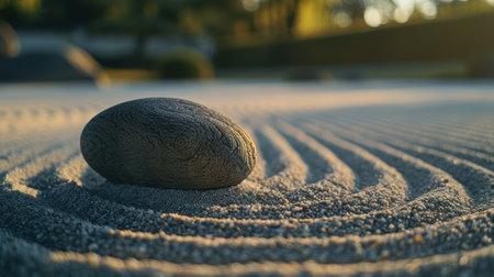 Smooth black stone on sandy beachの素材