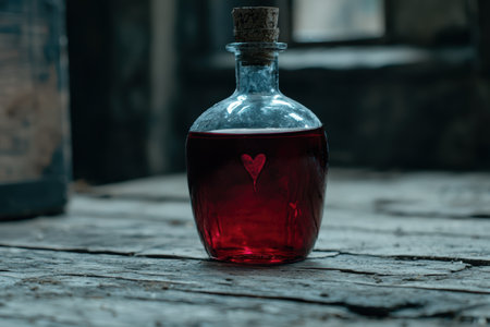 Mysterious red glass bottle with heart symbolの素材